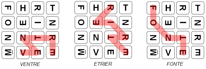 Exemples de mots valides au jeu de Boggle